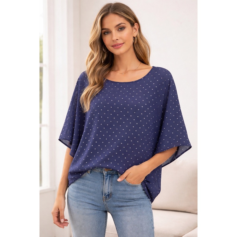 Gianni Bini Navy Gold Polka Dot Blouse Women XS Batwing Sleeve‎ Top